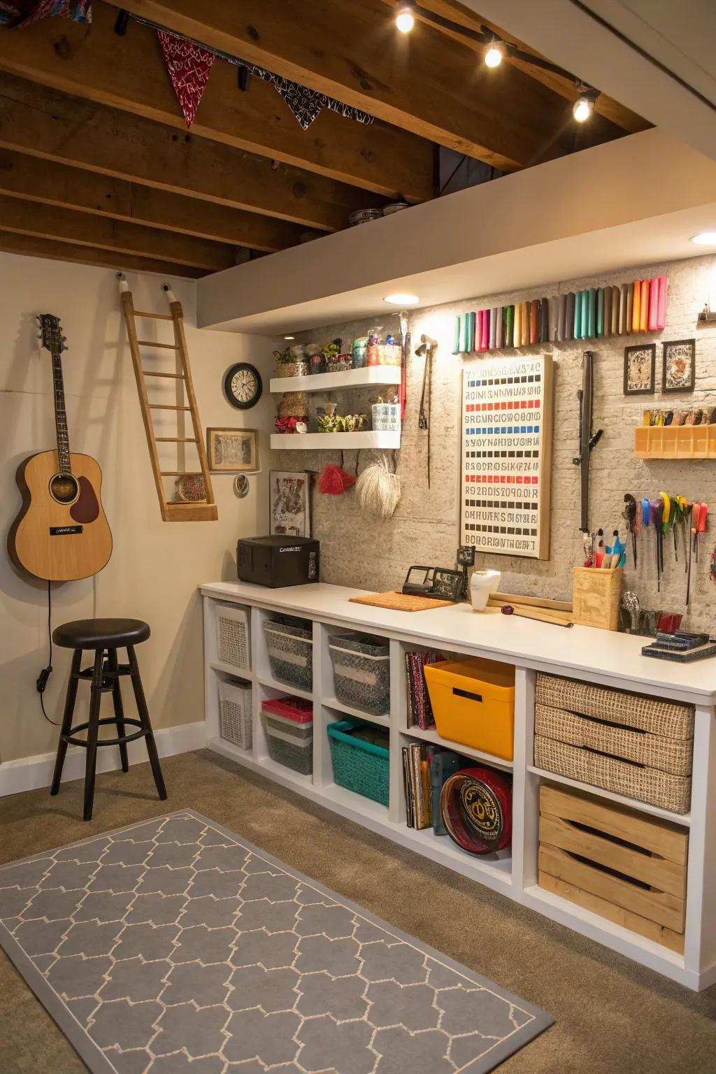 In the basement, create a space just for your hobbies.
