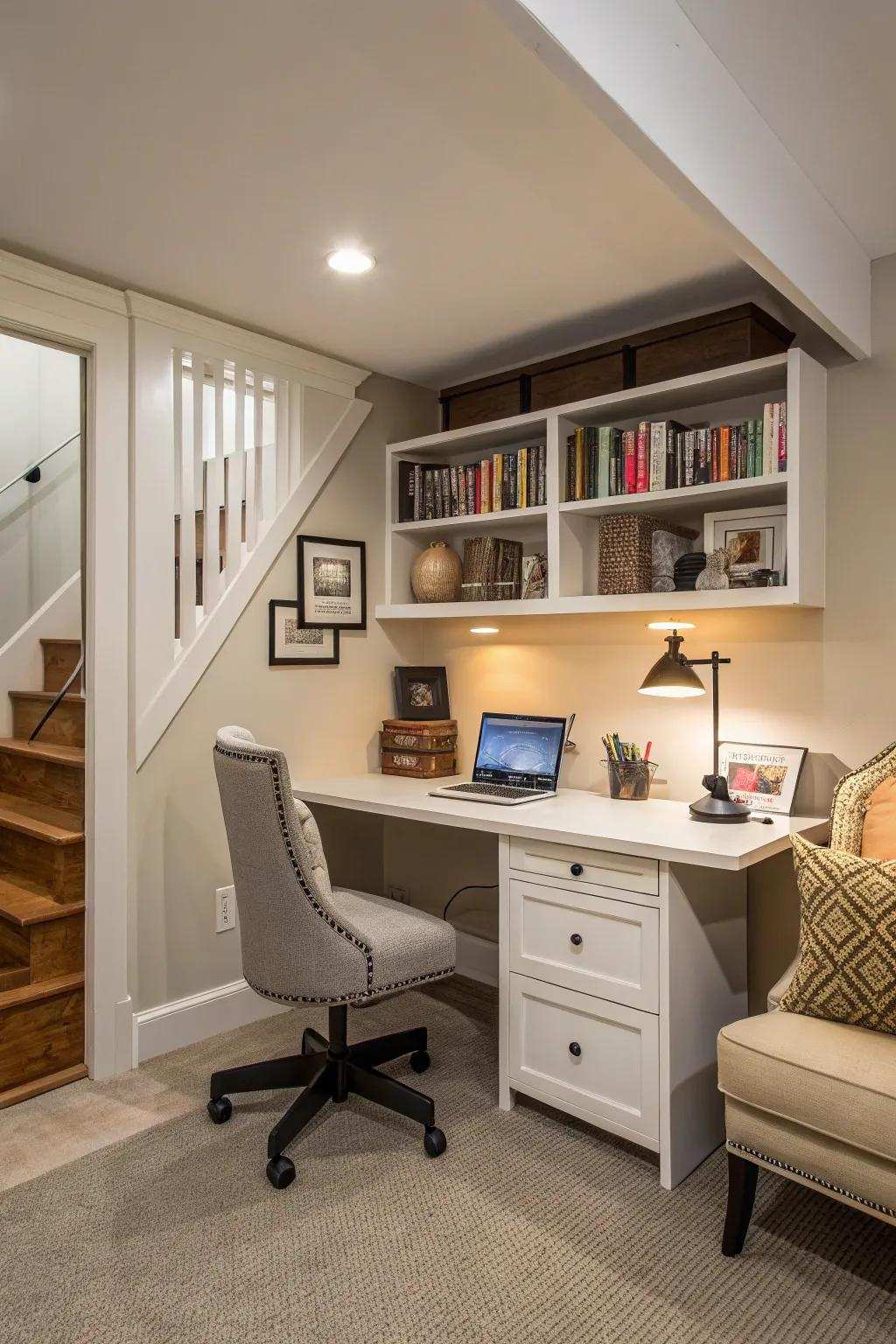 In your basement, carve out a quiet and effective home office.