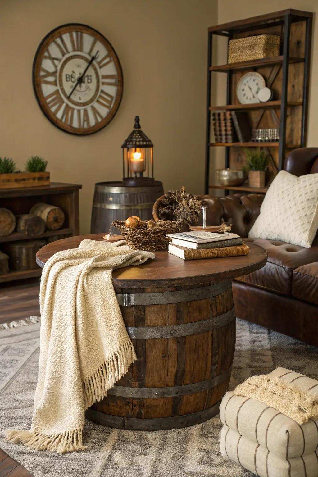 Incorporate a countryside accent to your living space using a liquor cask center table that exudes charm.
