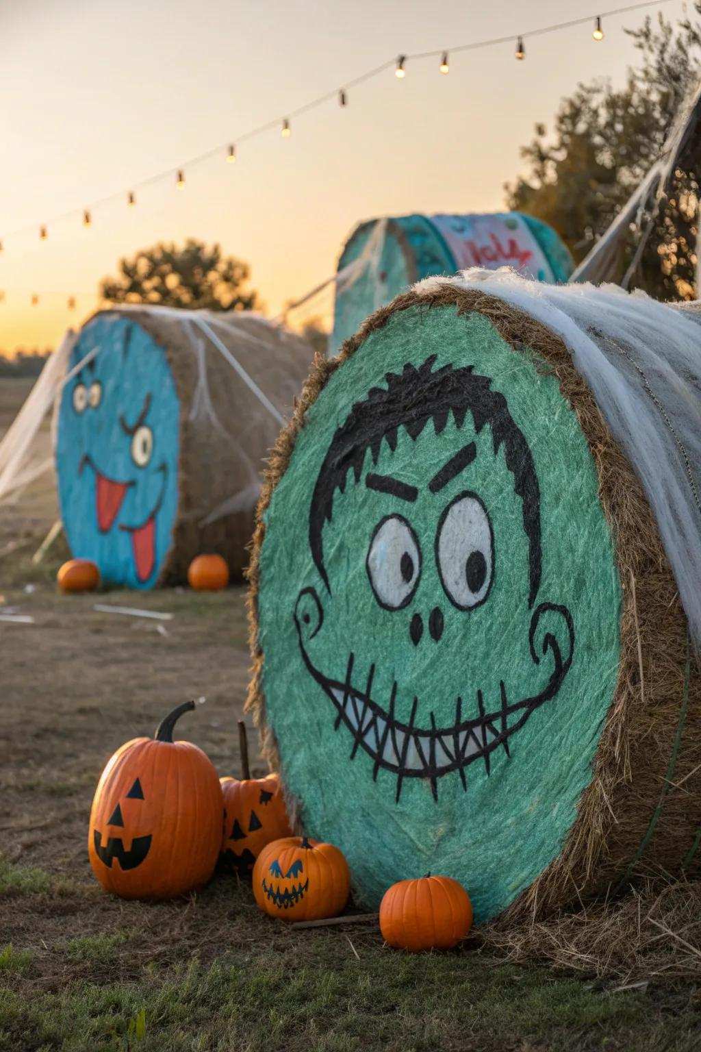 Incorporate a playful scare into your Halloween decorations through these monster-themed hay bales.