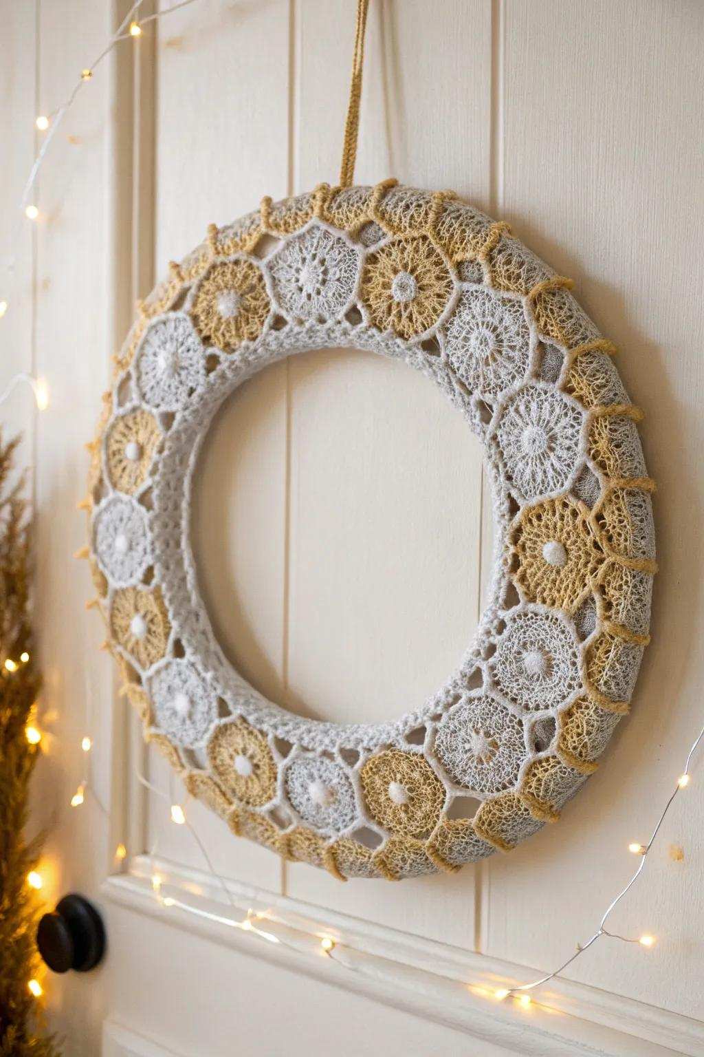 Incorporate a soupcon of sparkle upon your Novennial decor via this minimalist crochet wreath, blending boho charms with Scandinavian elegance.