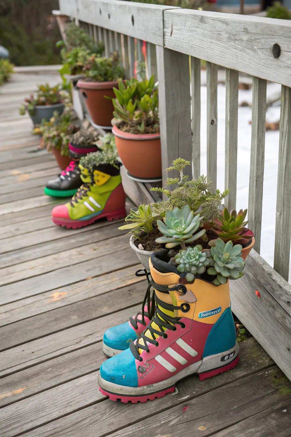 Incorporate an amusing feature into your decorations with ski boot planters.