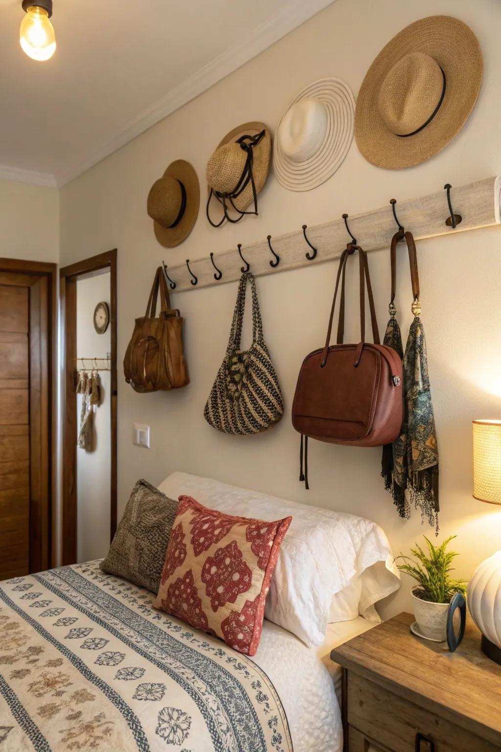 Incorporate both style and utility using decorative wall hooks.