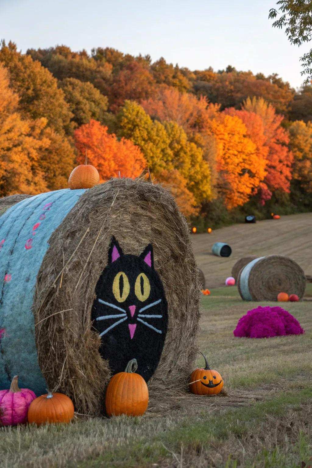 Incorporate enigmatic allure into your Halloween decorations through these playful black feline hay bales.