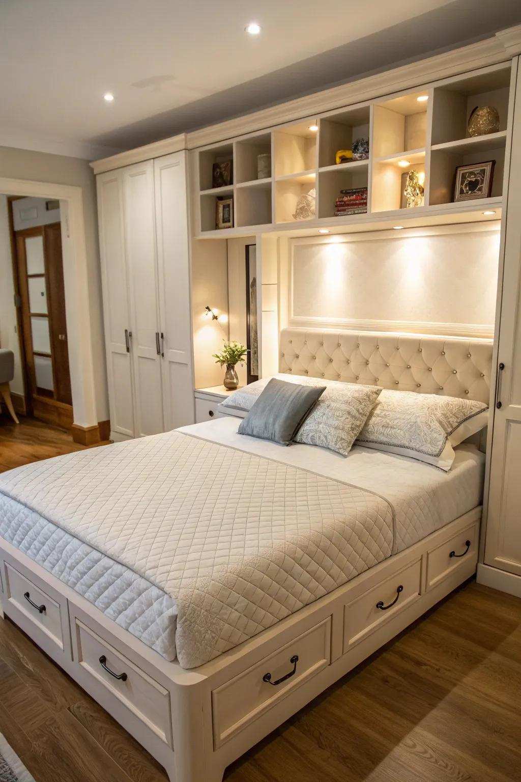 Increase space by using a headboard that provides extra storage.