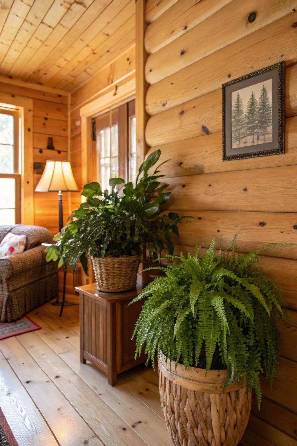 Indoor foliage introducing life and greenery to the cabin.