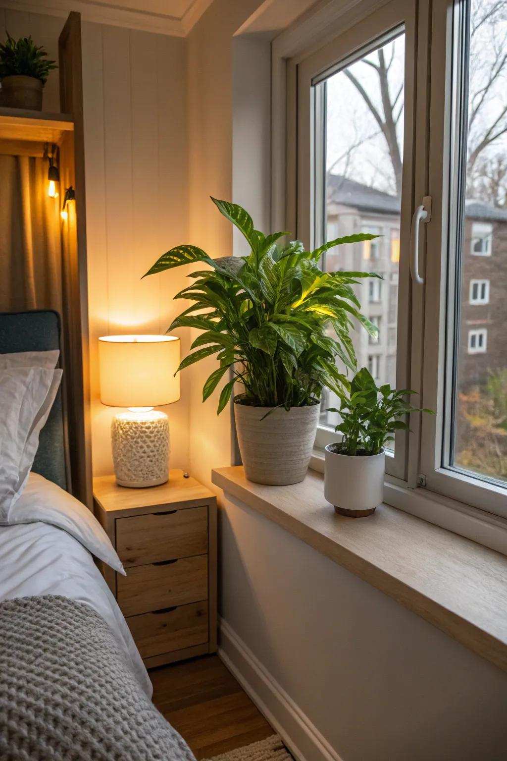 Indoor greenery infuses small bedrooms with vitality and peace.