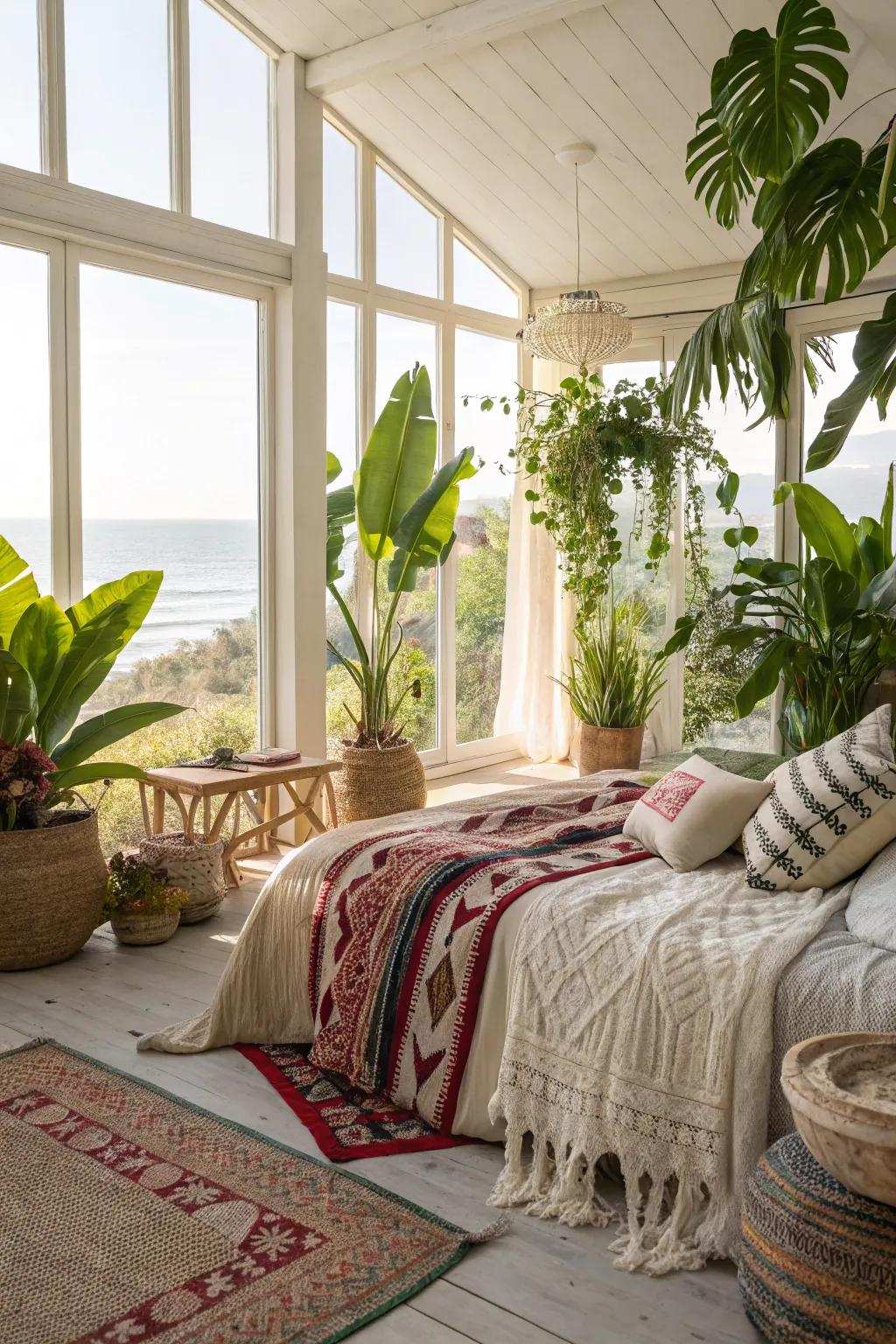 Indoor vegetation enhances the natural, beach-inspired vibe.
