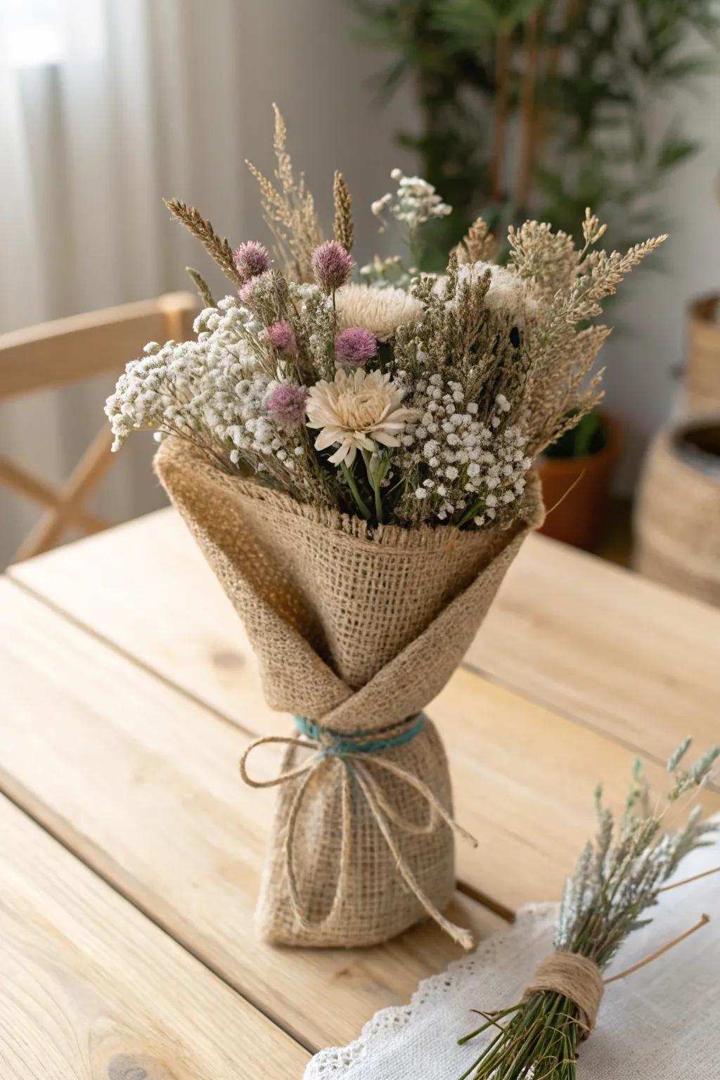 Indulge in organic sophistication through a canvas-wrapped wildflower bouquet.