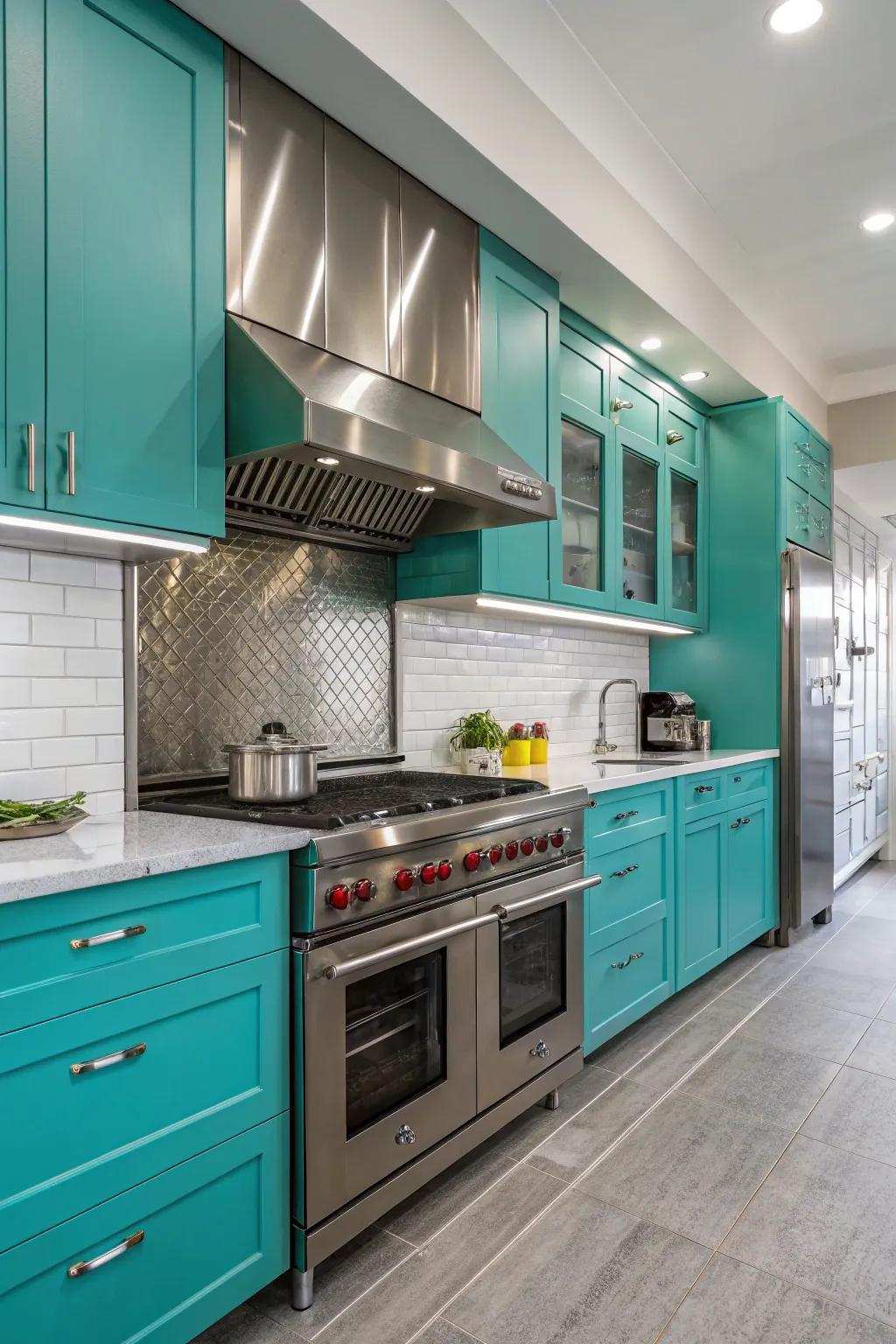 Industrial components converging with robin's egg blue cabinetry to achieve a contemporary aesthetic.