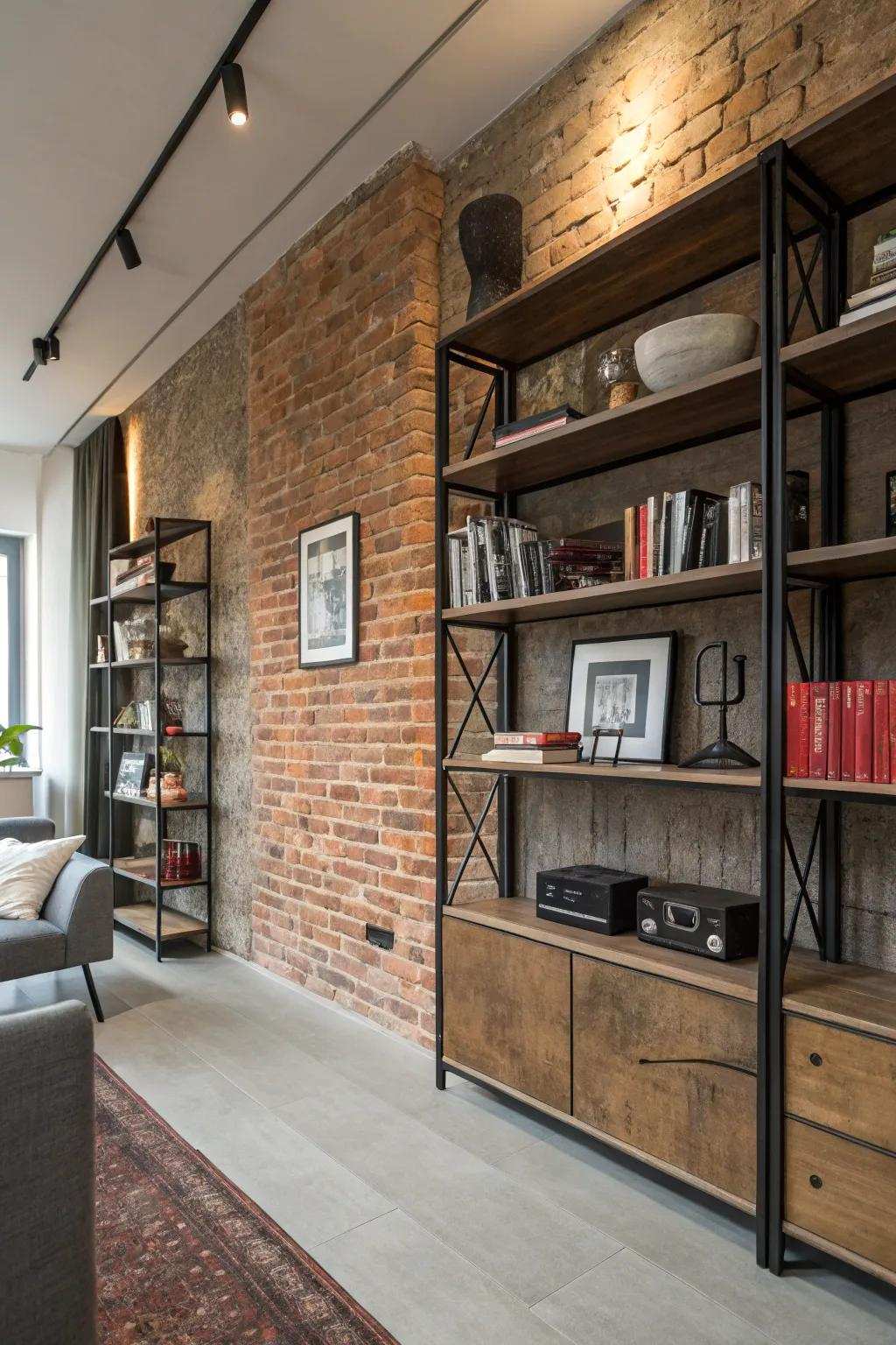 Industrial-inspired shelving system adding personality and storage capabilities to the area