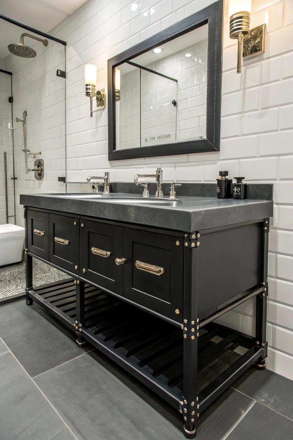 Industrial metal fixtures combined with a dark-toned vanity create a chic, urban bathroom ambiance.