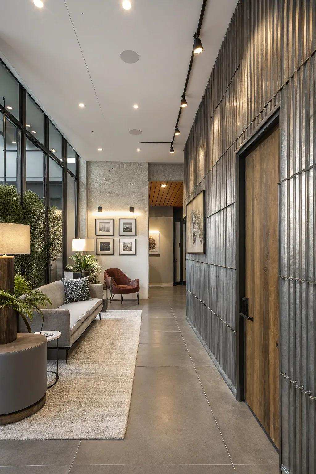 Industrial metallic panels offer a sleek and cutting-edge entryway style.