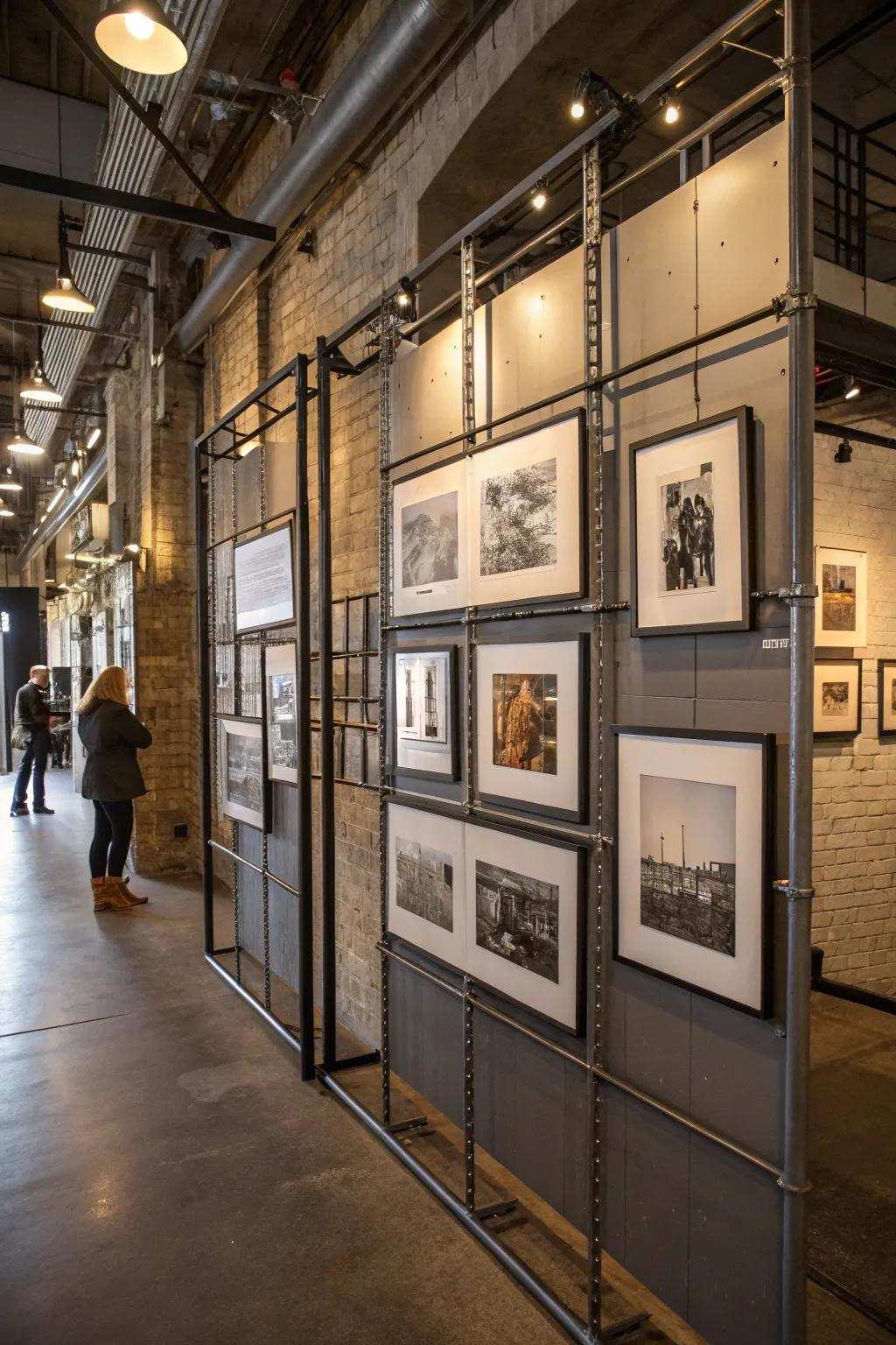 Industrial picture wall with metal frames.