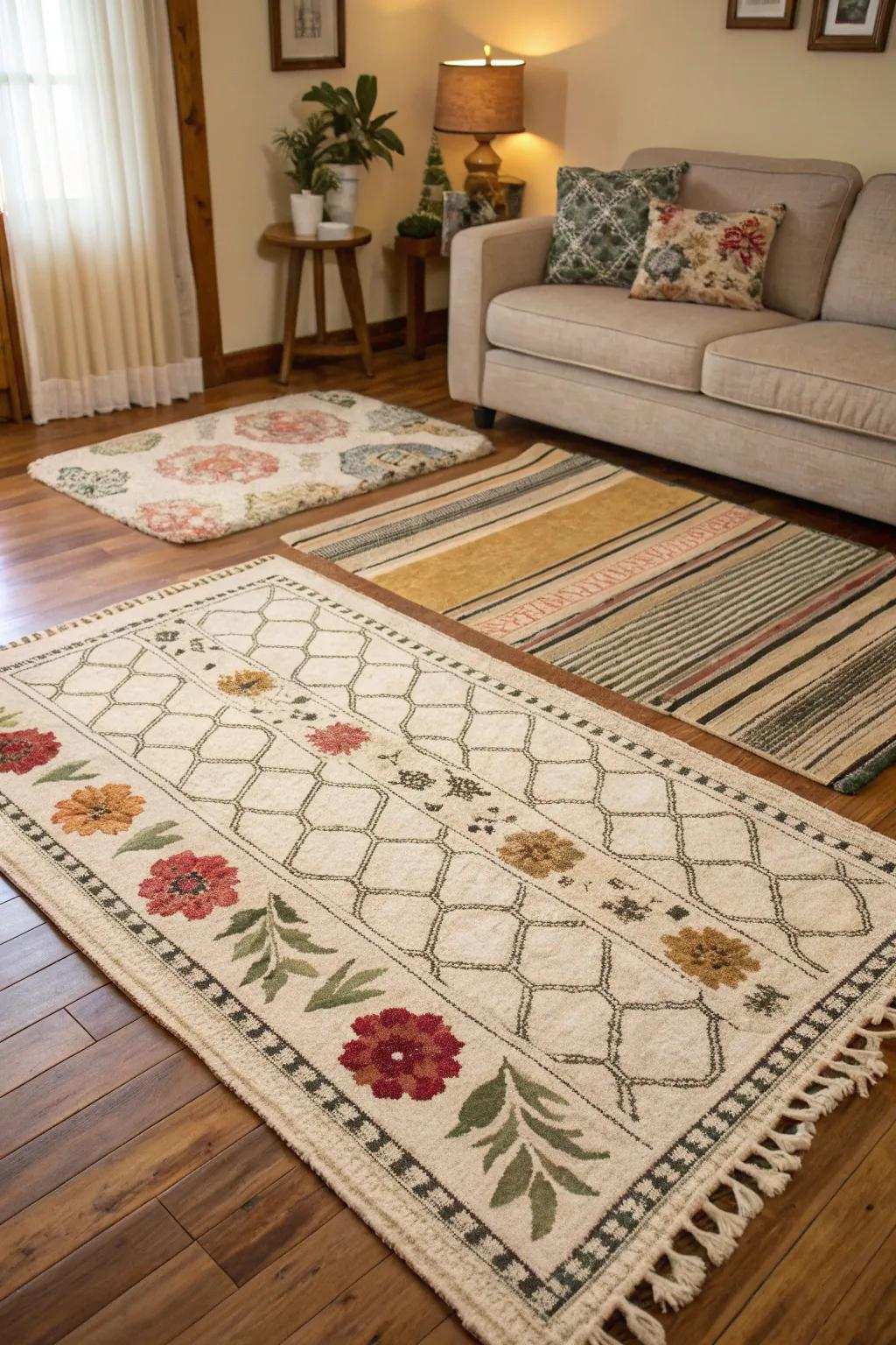 Infuse depth with overlaid floor coverings.
