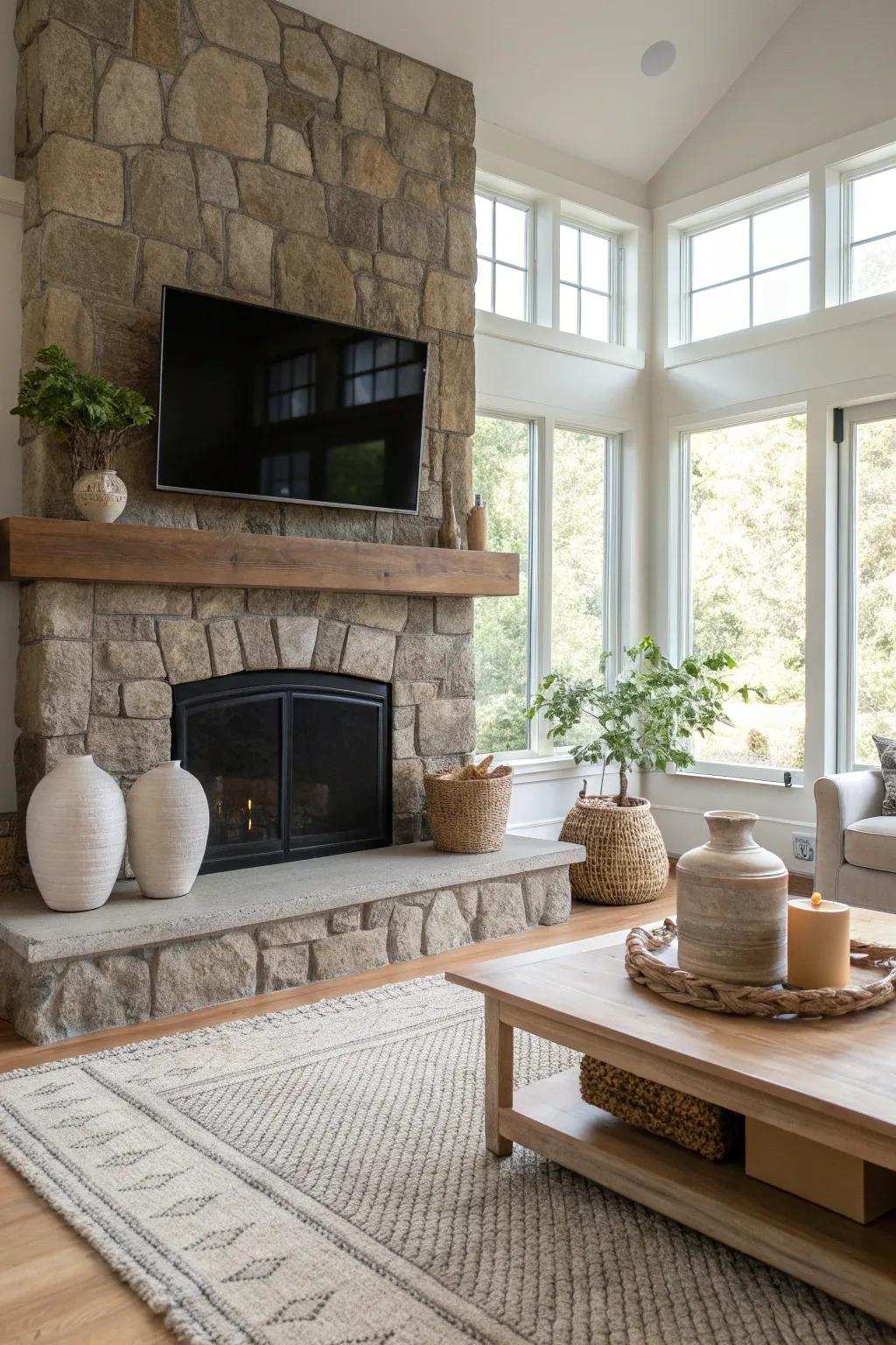 Infuse your space with personality by mixing decor styles surrounding your stone fireplace.