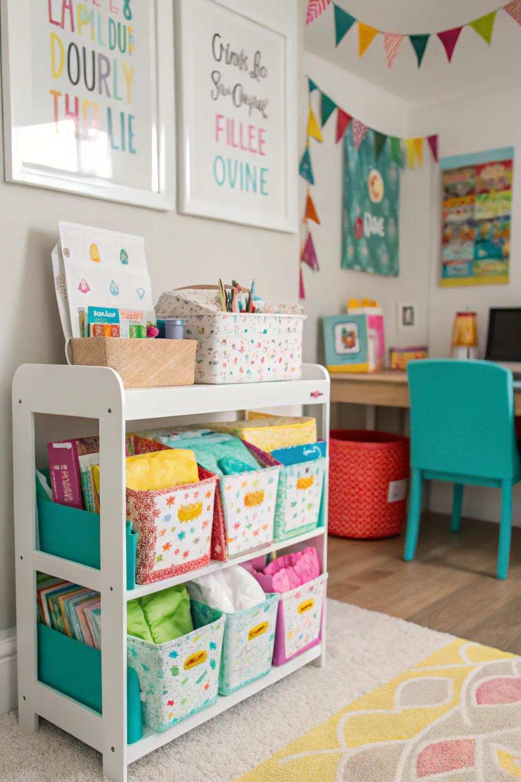 Ingenious repurposing of a plaything organizer for tissue paper storage.