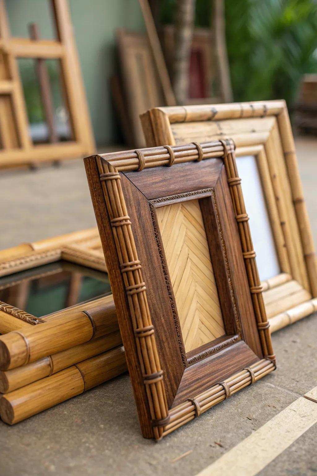 Inherent timber and bamboo frames adding organic warmth.