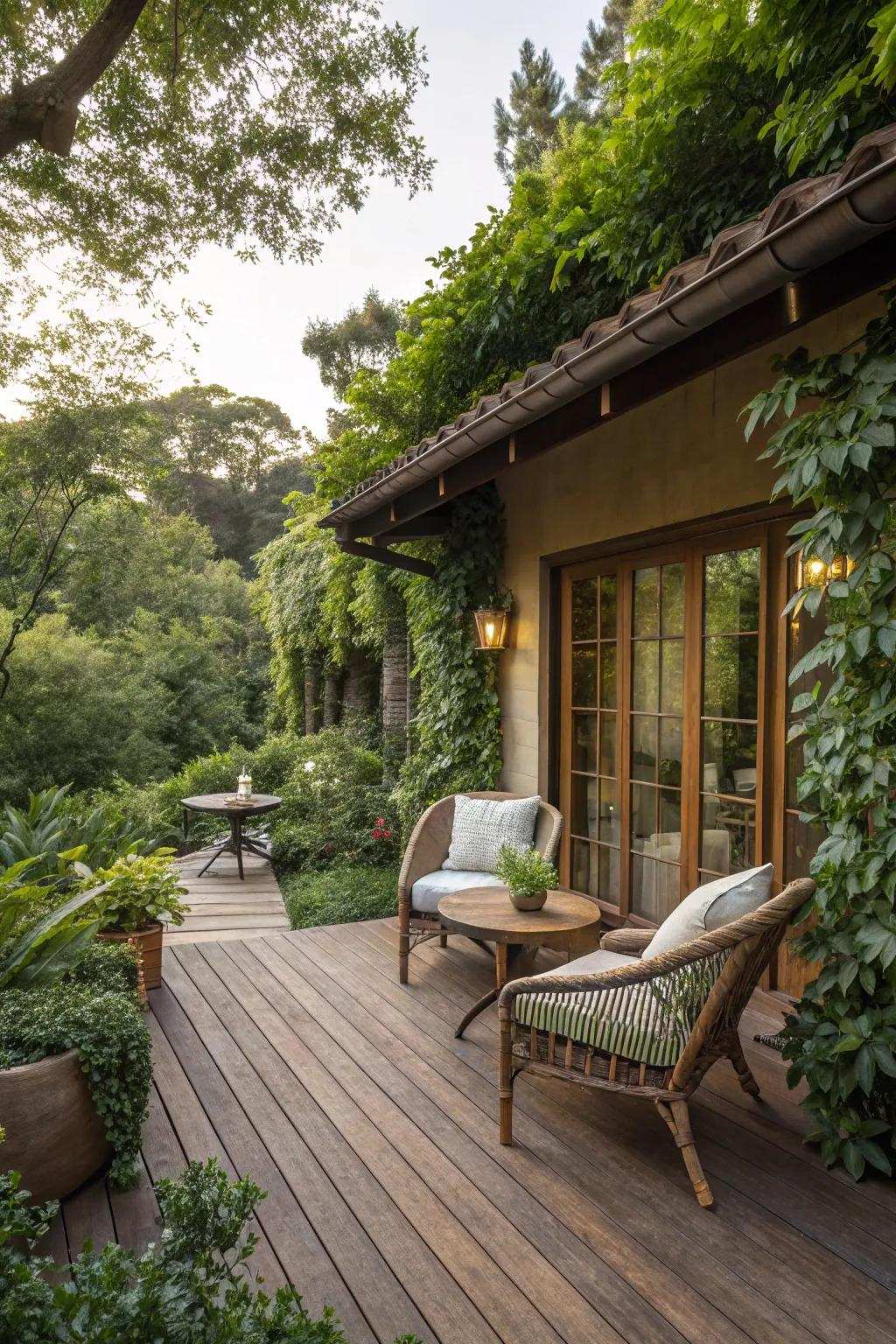 Inherent wood decking contributes warmth and a cozy ambiance to outdoor settings.