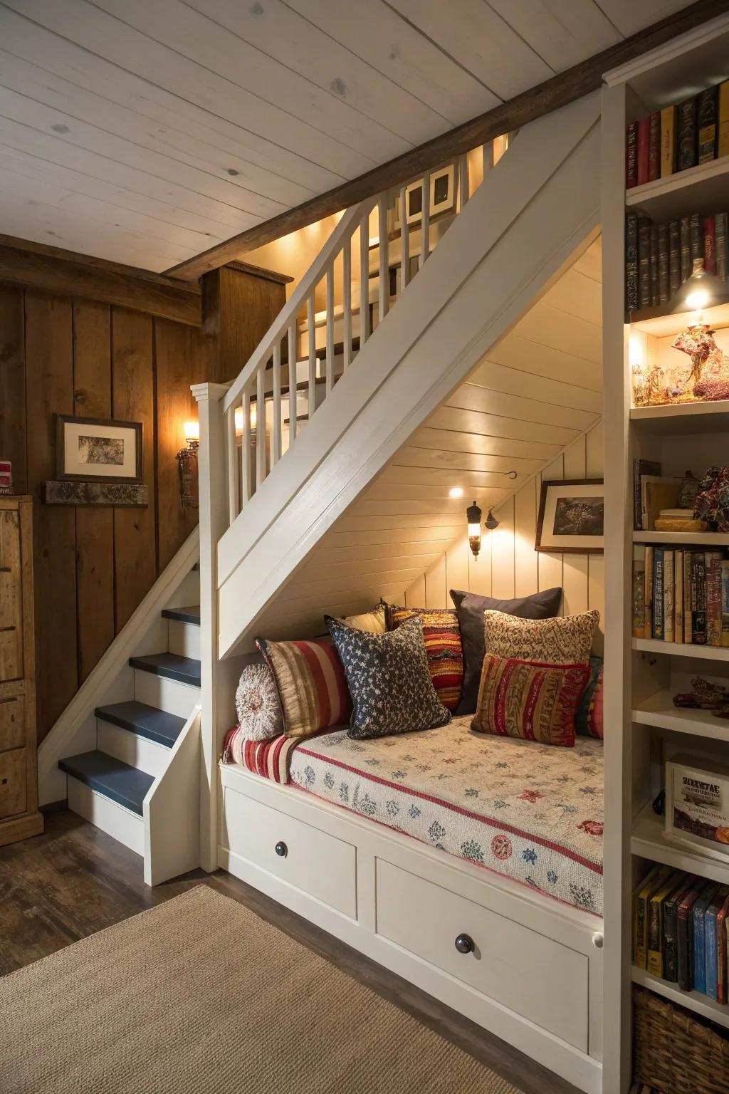 Innovative utilization of space with an under-stair triple bunk bed.
