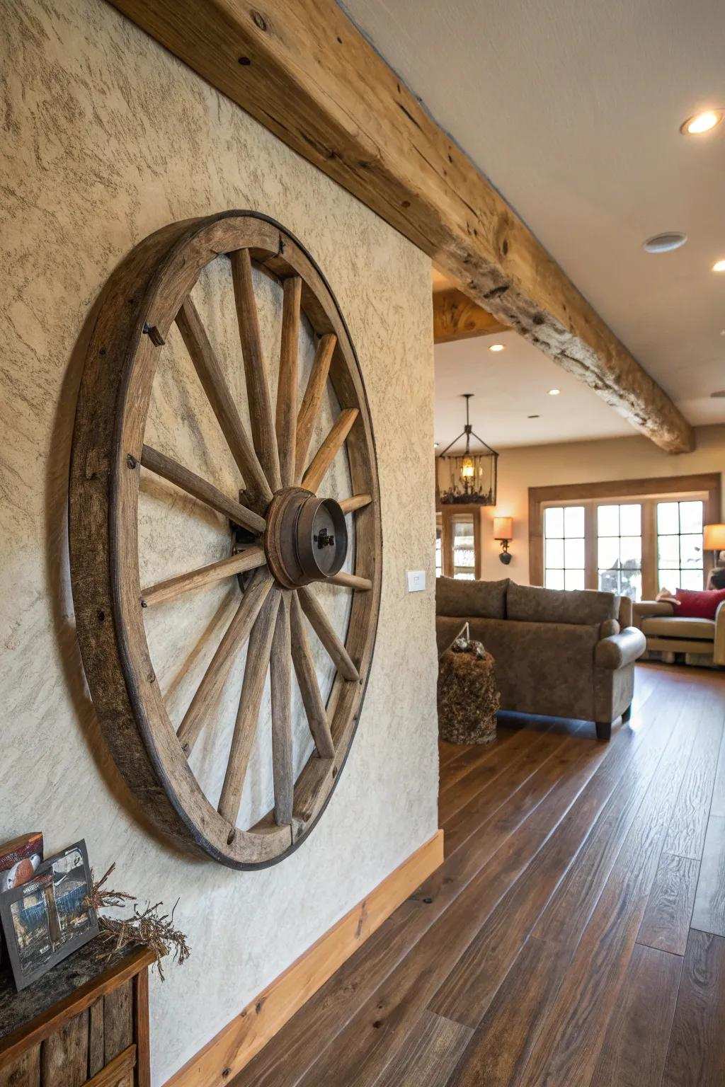 Inside a farmhouse family room, a cart wheel transforms into a charming central point.