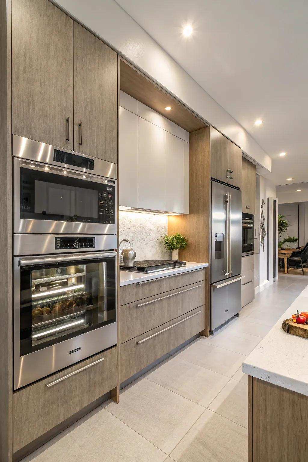 Integrated appliances ensure a cohesive design in windowless kitchens.
