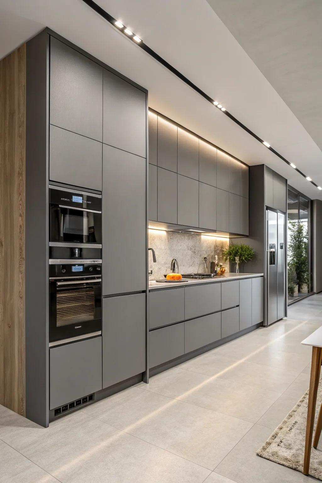 Integrated appliances foster a seamless style with gray cabinets.