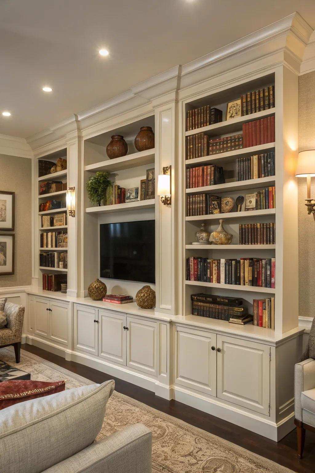 Integrated bookshelves deliver a seamless and sophisticated aesthetic.