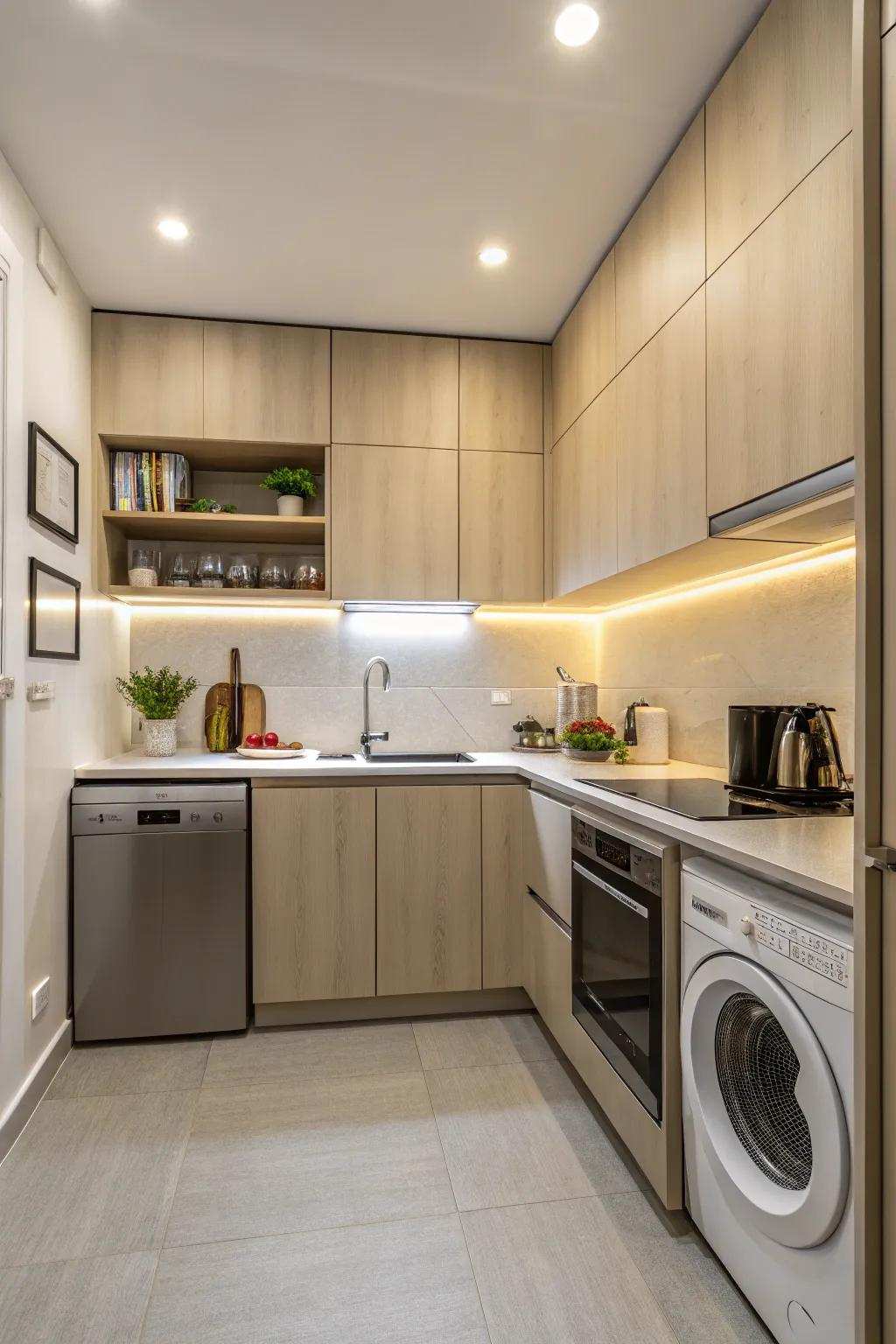 Integrated dishwashing machine style for a cohesive cooking area appearance.
