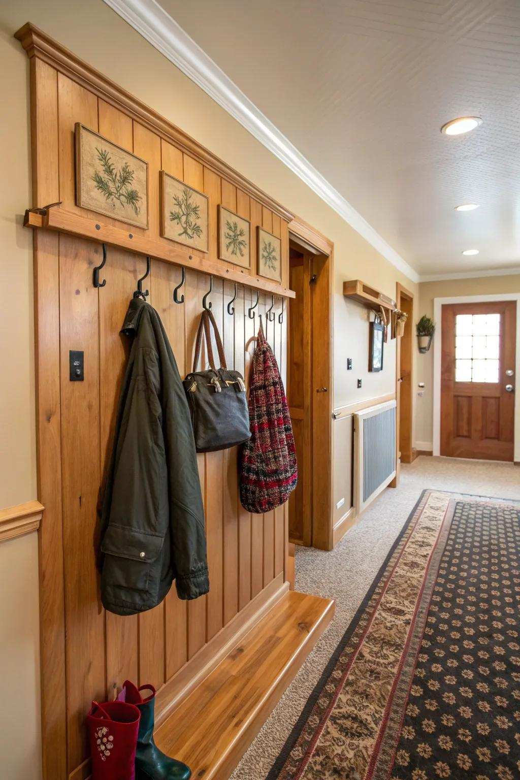 Integrated hangers provide style and practicality in the entryway.