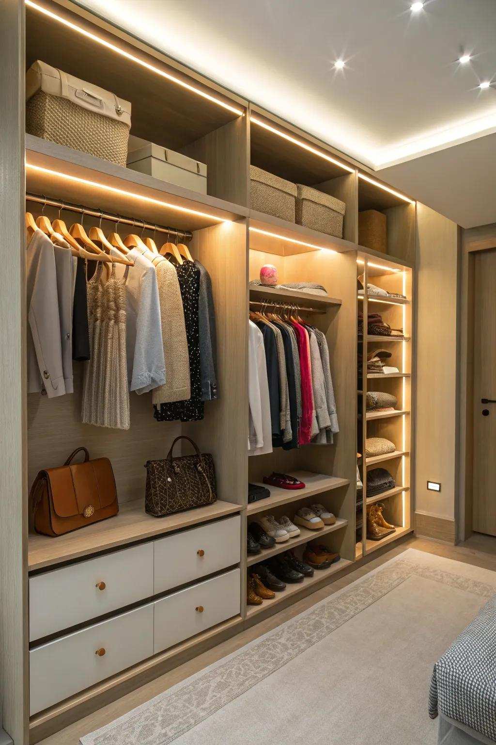 Integrated lighting enhances the style and utility of your closet.