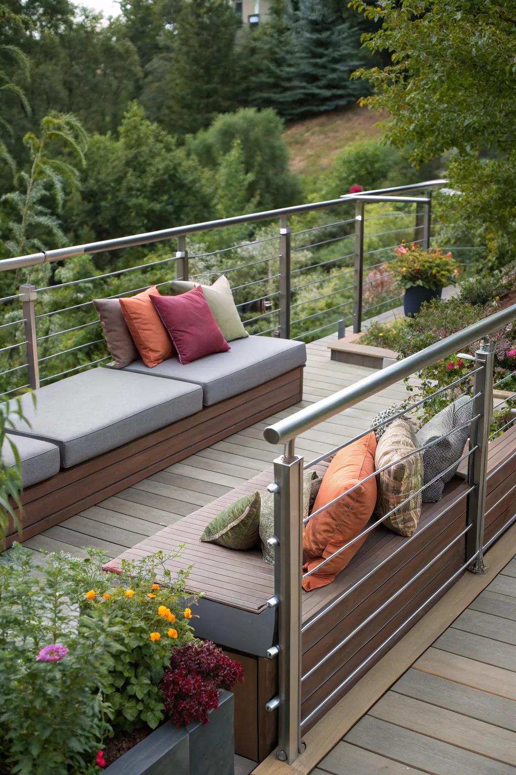 Integrated seating adds comfort and utility to iron sidings.