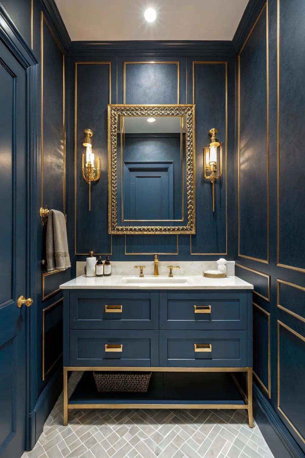 Intense indigo walls evoke a bold and dramatic bathroom ambiance.