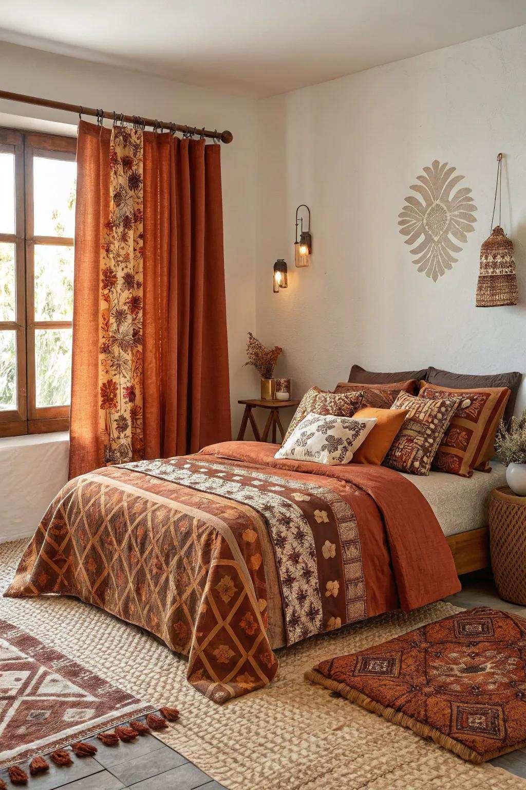 Intermixed patterns in reddish-brown and chocolate for a lively aesthetic.