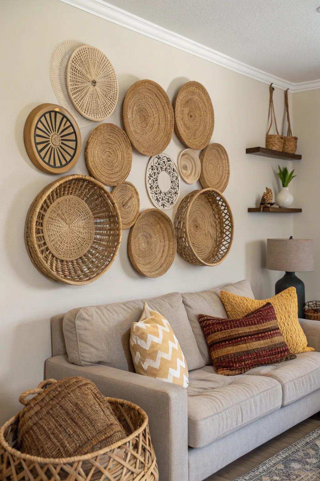 Interwoven baskets introduce texture and intrigue to the wall.