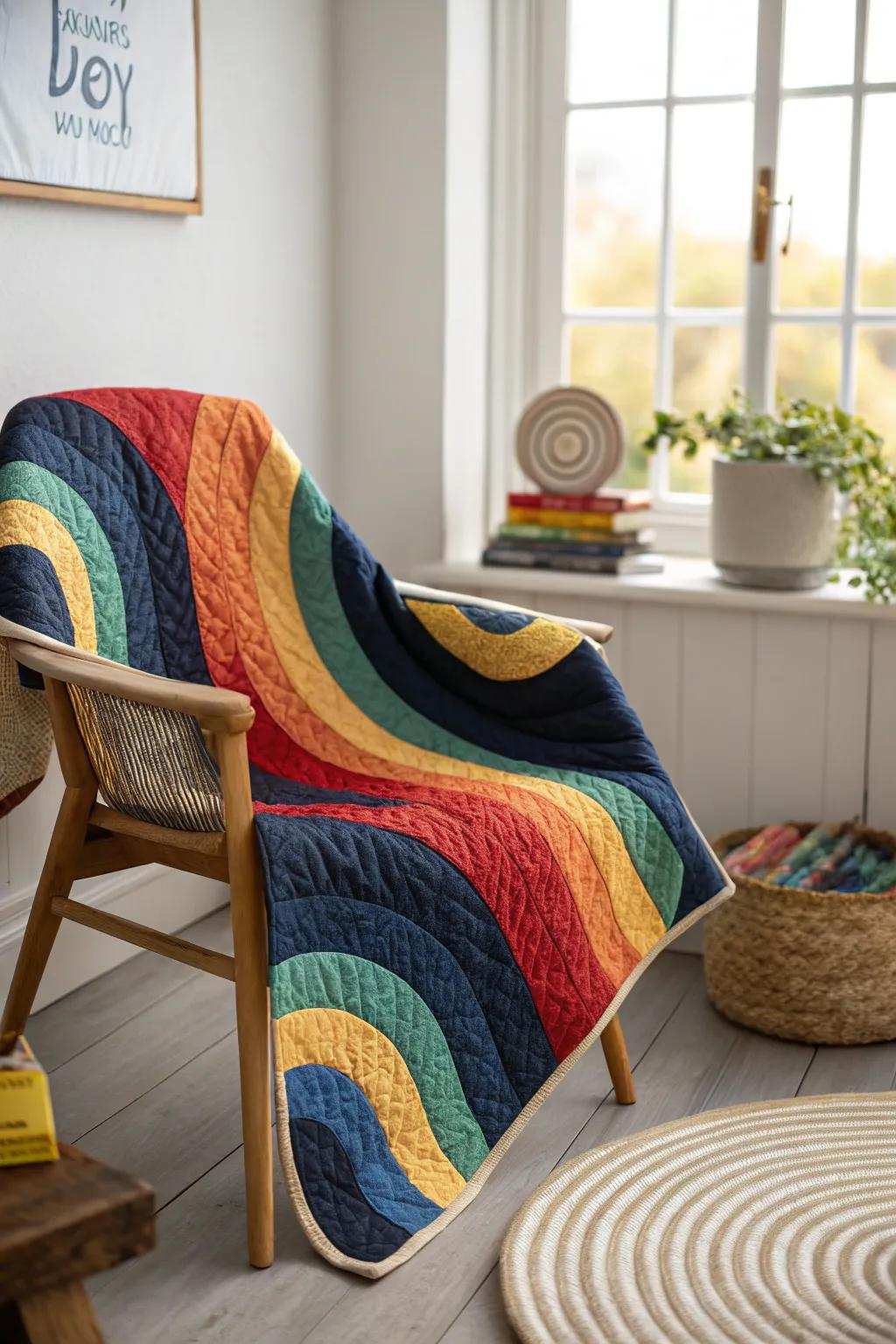 Introduce a burst of joy and vibrancy into your abode through this splendid spectrum twirl quilt, ideal for imparting a sense of artistry and coziness to any minimalist environment.