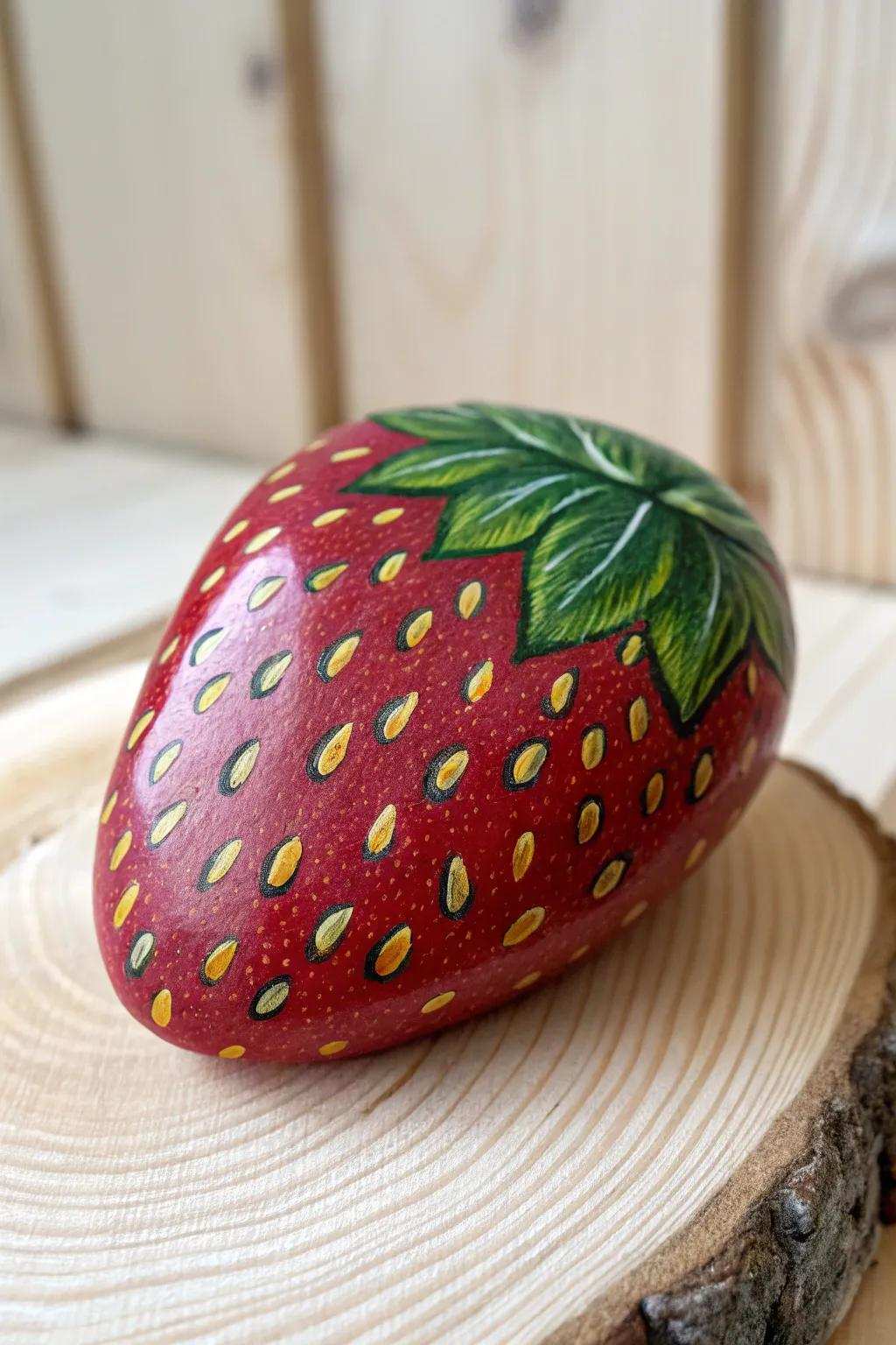 Introduce a dash of fruity charm to your space with this delightful strawberry-painted rock!