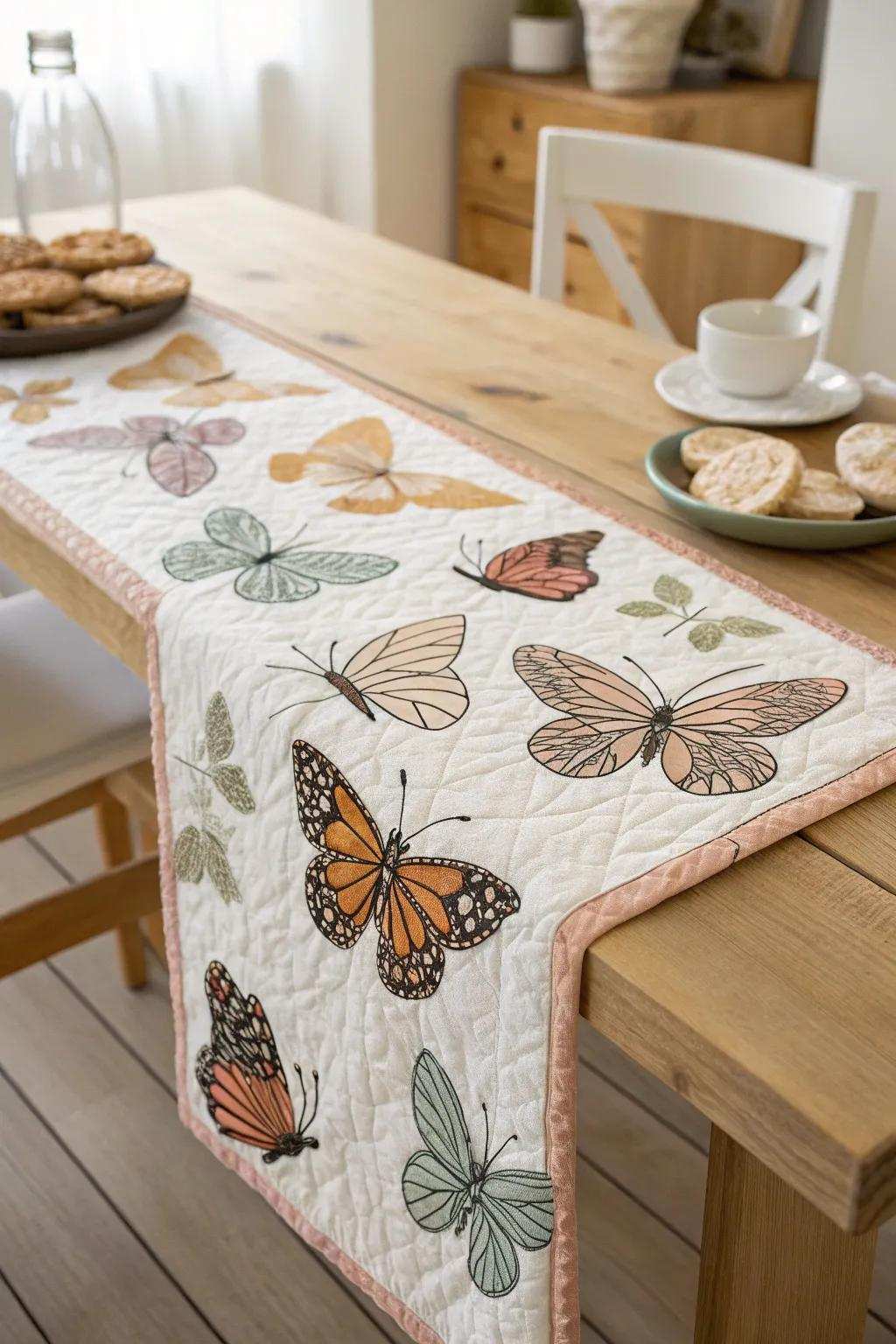 Introduce a hint of whimsical elegance to your dining space with a handcrafted butterfly table runner, celebrating the beauty of nature and the artistry of patchwork.