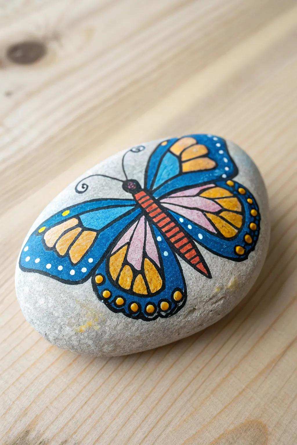 Introduce a splash of whimsy to your décor with this intricately painted butterfly rock.