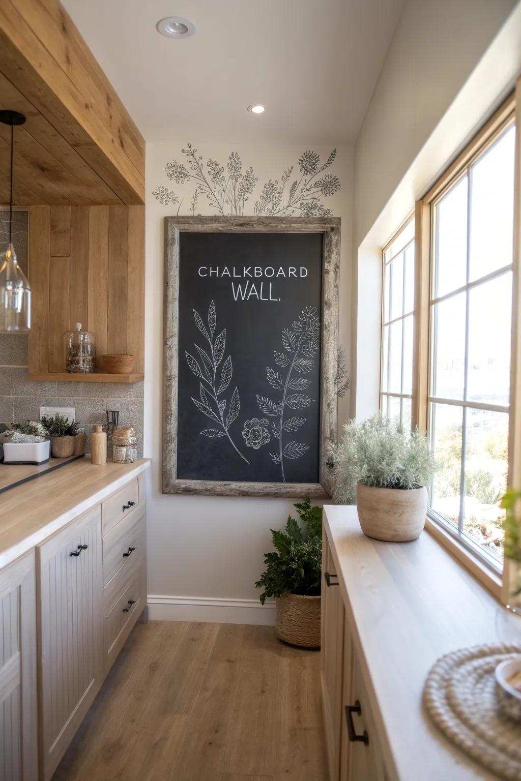 Introduce a touch of playful elegance to your home using a chic marking board feature. Ideal for notes, drawings, and daily inspiration!