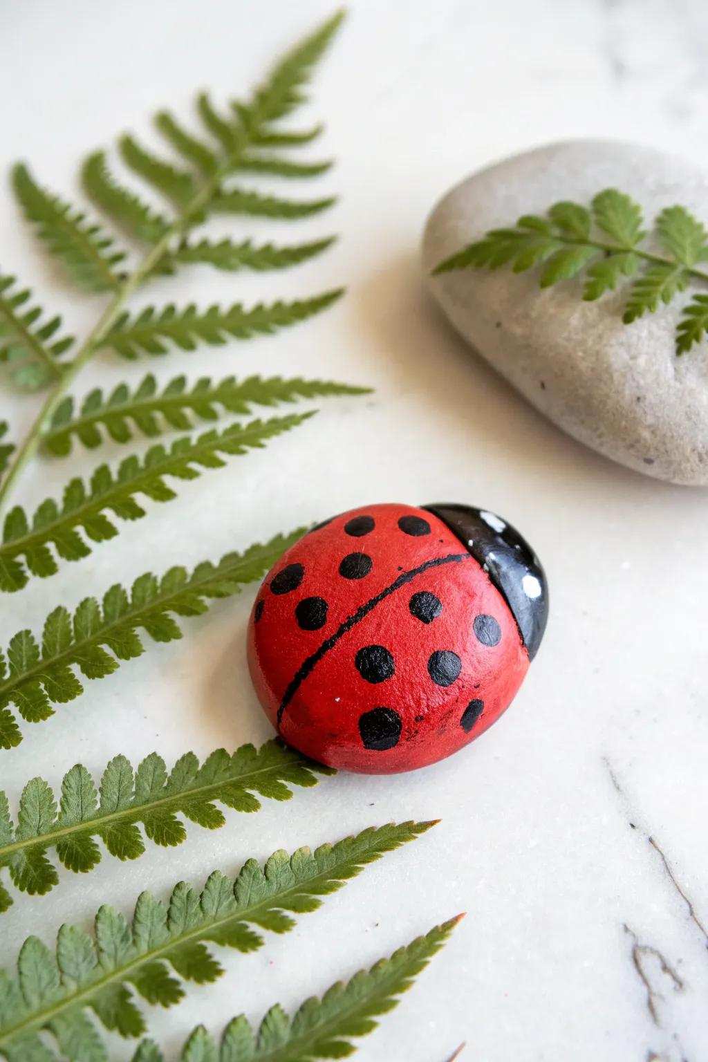 Introduce whimsical charm to your garden using this adorable beetle stone art!