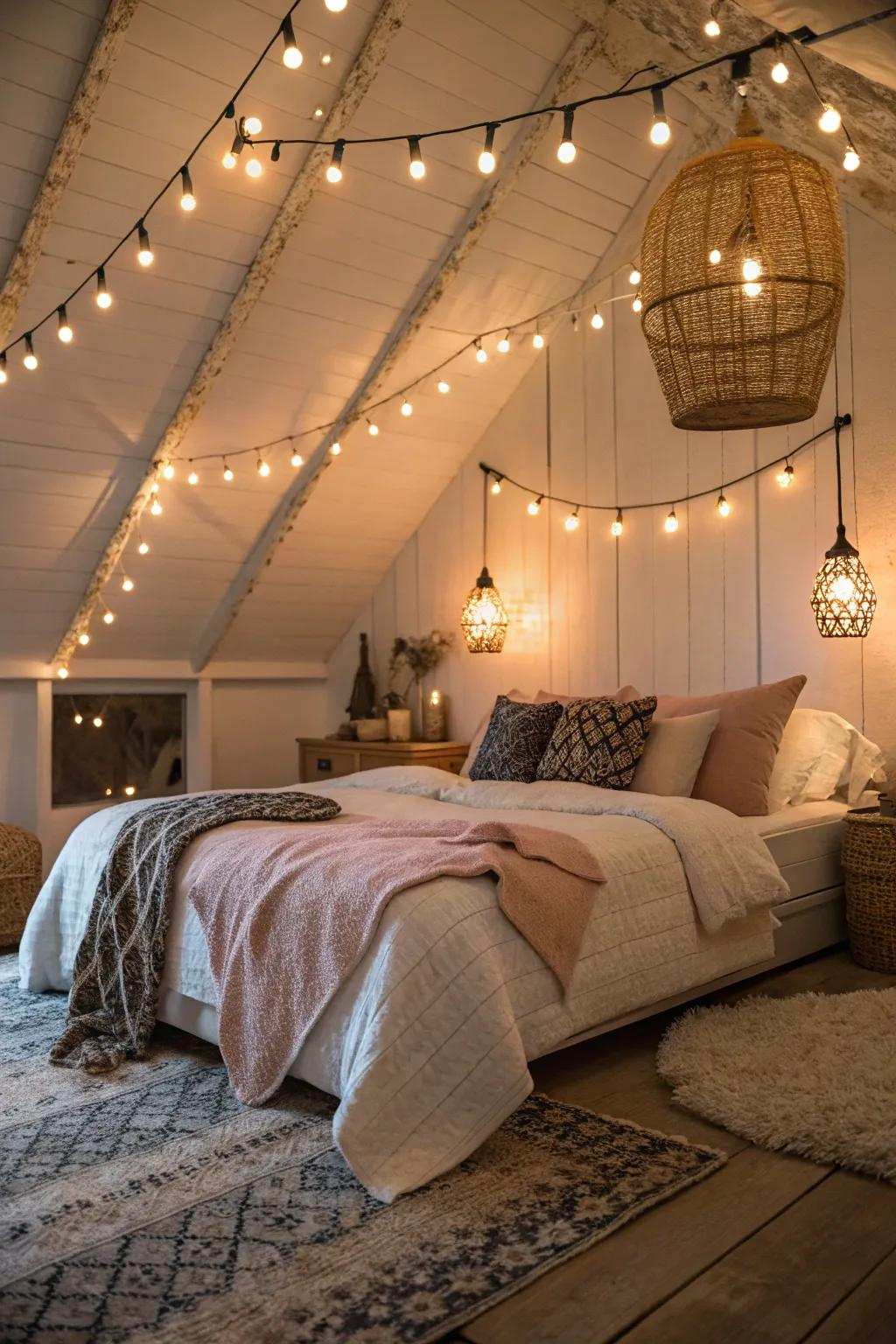 Inventive lighting beautifully transforms the room's atmosphere.