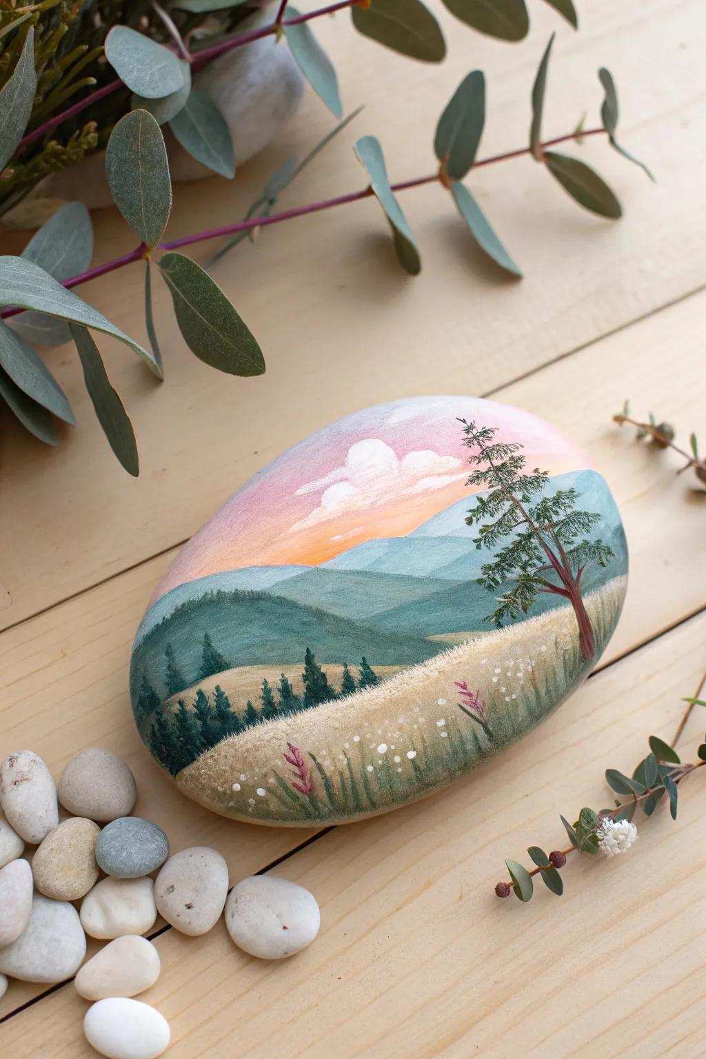 Invite the tranquil charm of the outdoors into your home with this captivating landscape painting on stone.
