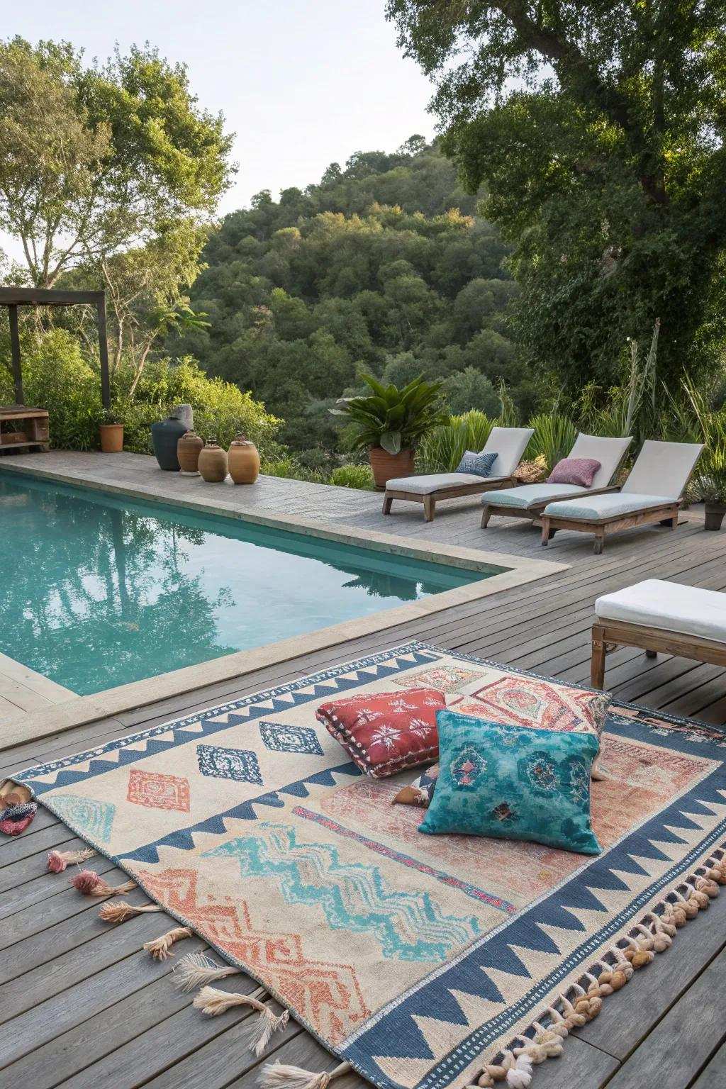 Inviting details with exterior carpets and cushions for a homey atmosphere.