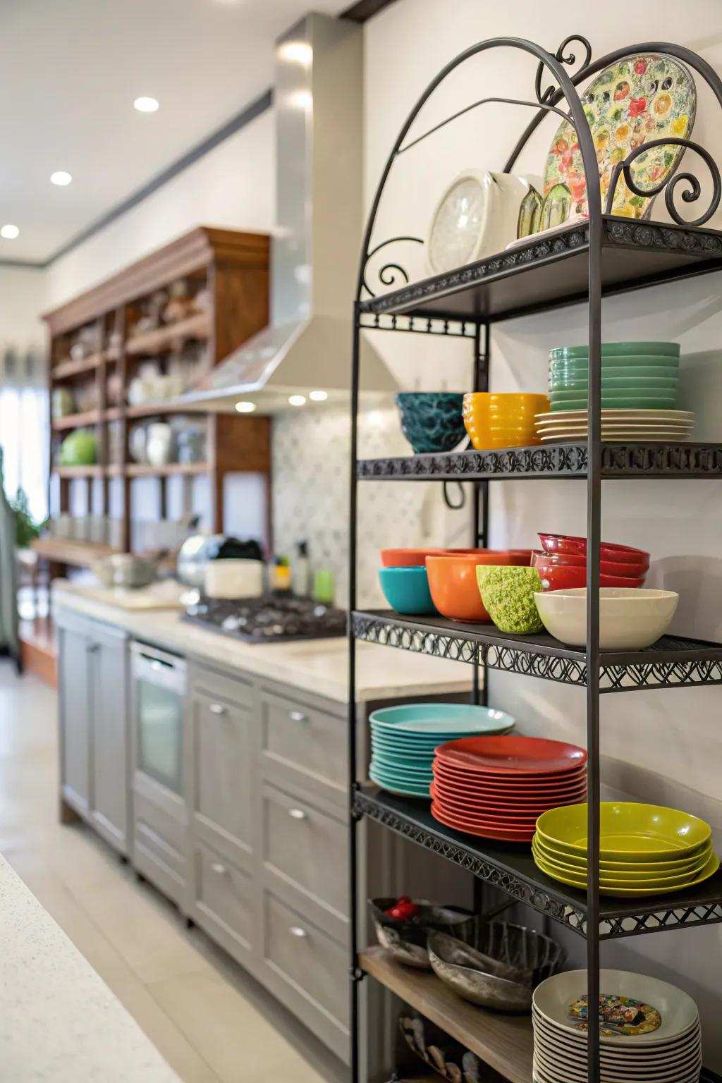 Iron shelves blend utility with flair.