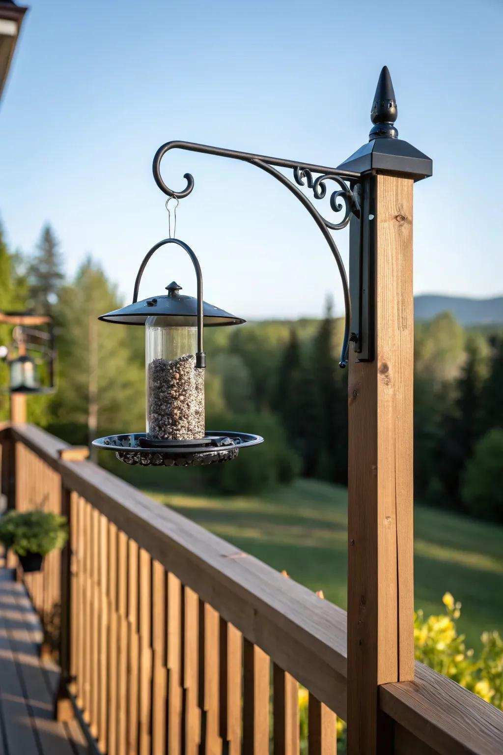 Kick-start your day with the sound of nature—watch birds visiting your patio with a stylish swinging arm bracket.
