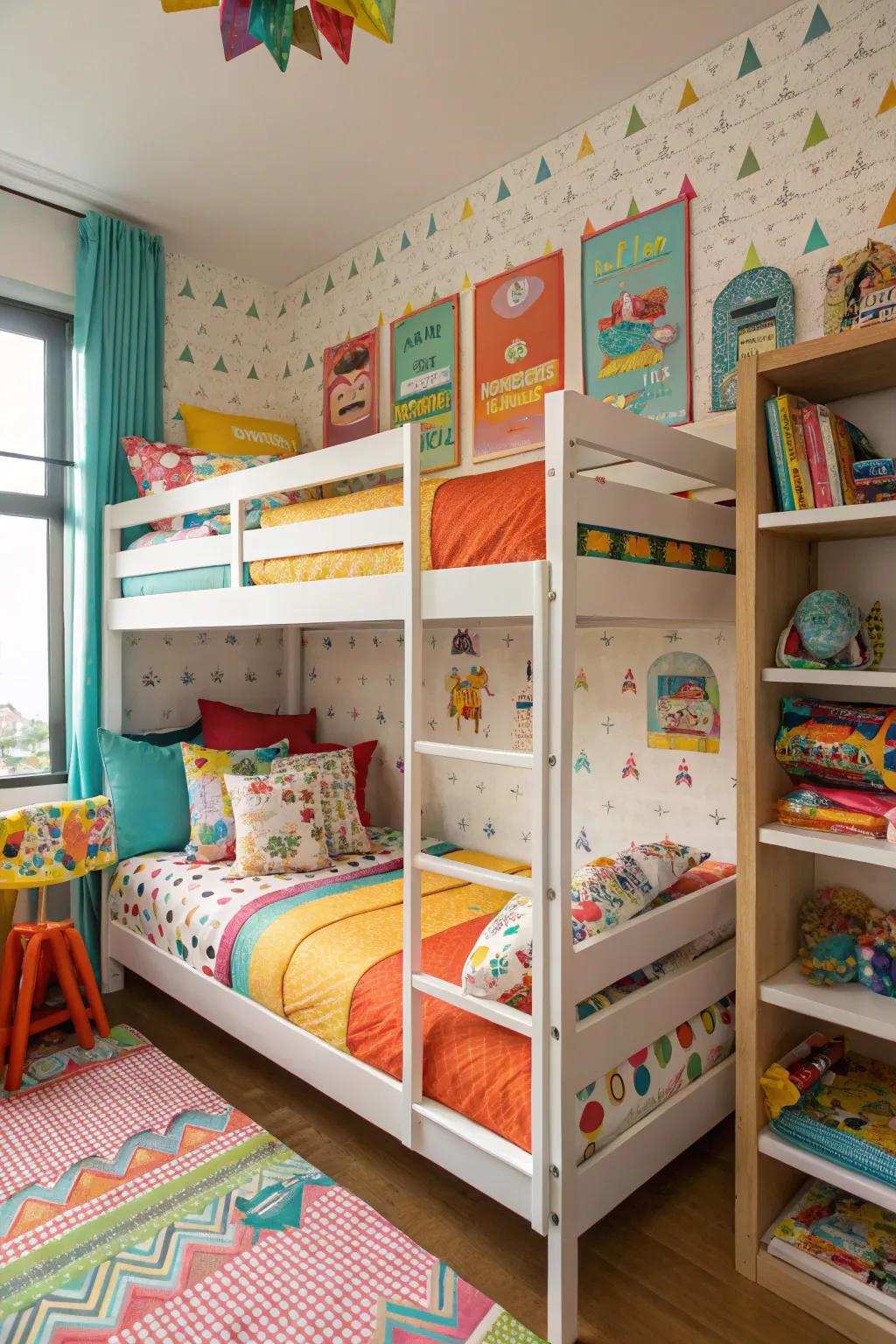 Kid-friendly triple bunk beds featuring bright themes and decor.