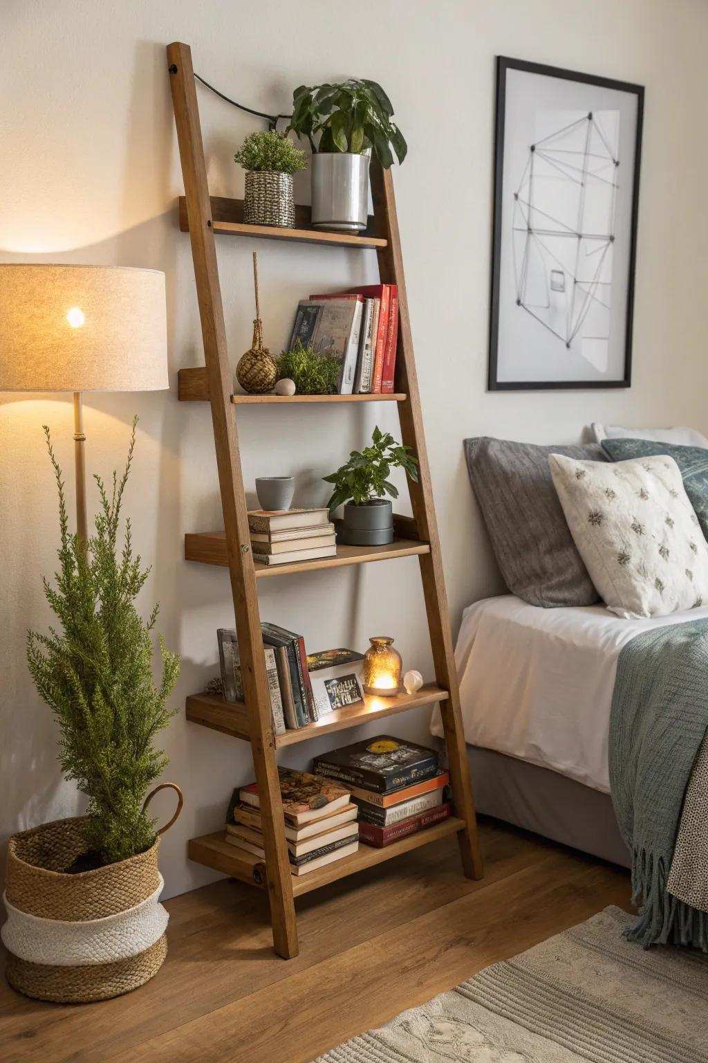 Ladder shelves provide vertical storage with flair.