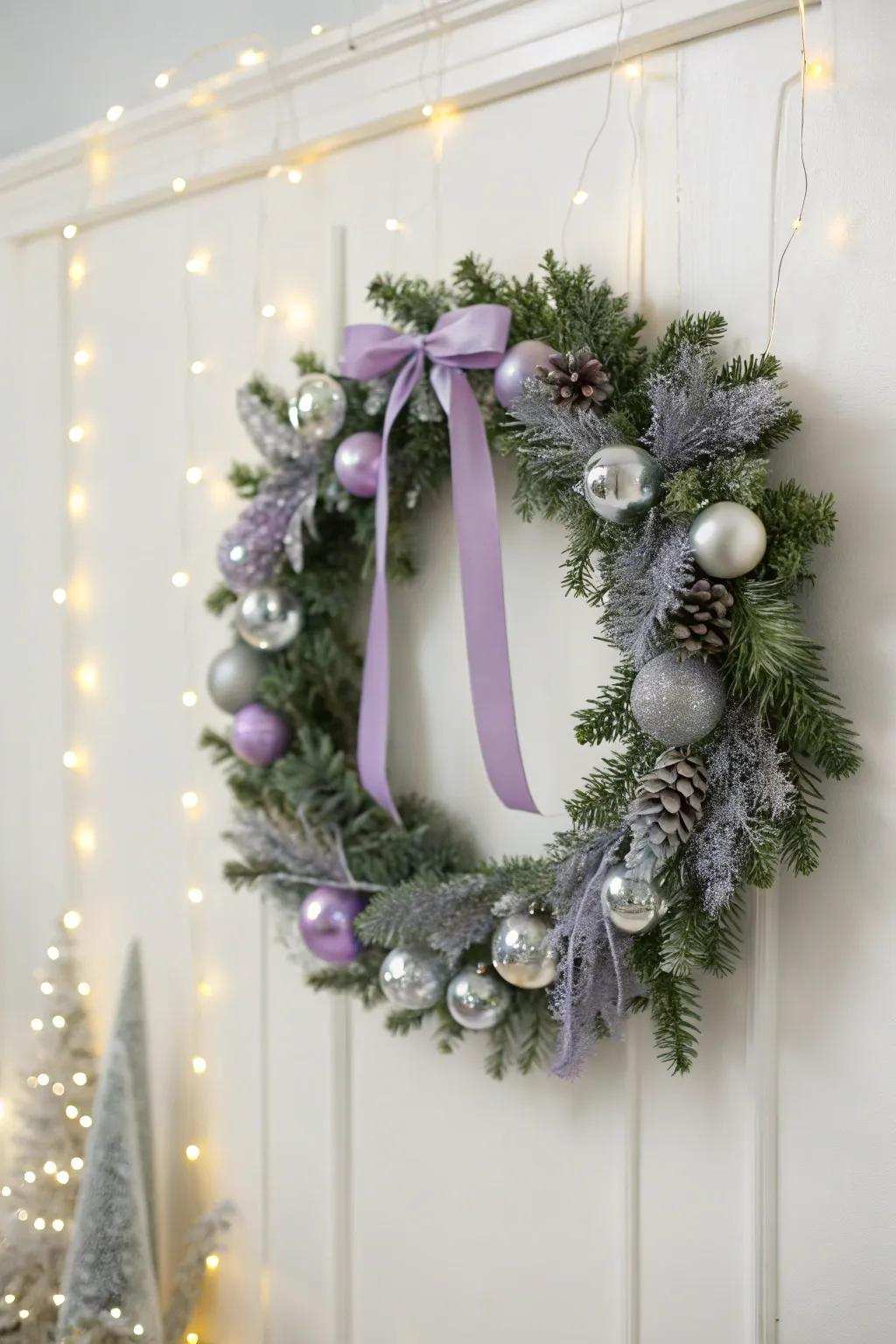 Lavender and silver combine to form an elegant Christmas wreath.