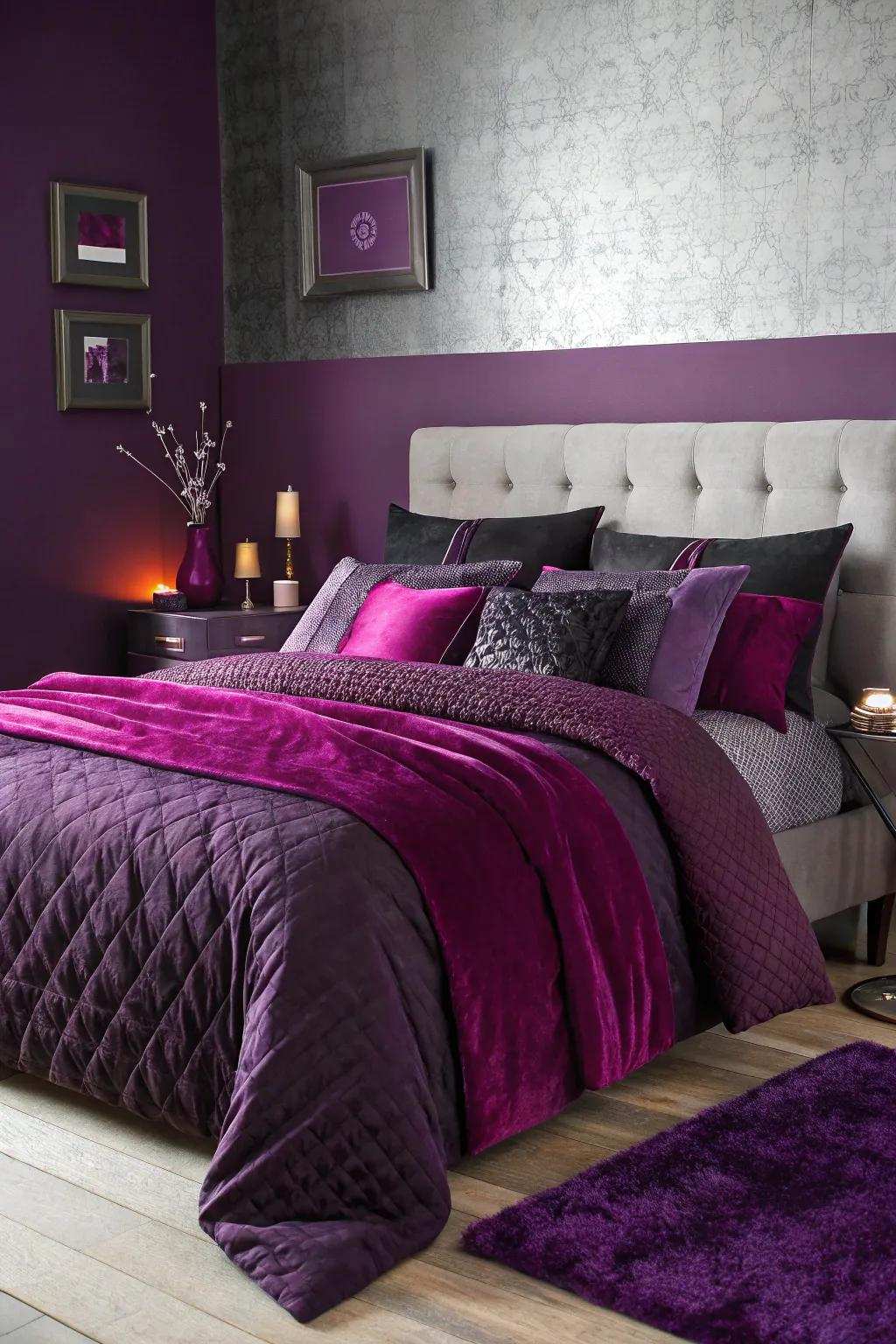 Layered bedding in purple and grey adds depth and a luxurious touch to your bedroom.